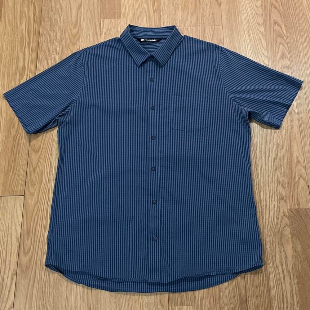 Travis Matthew Men’s Large Short Sleeve Button Up Shirt Blue Pinstripe Striped